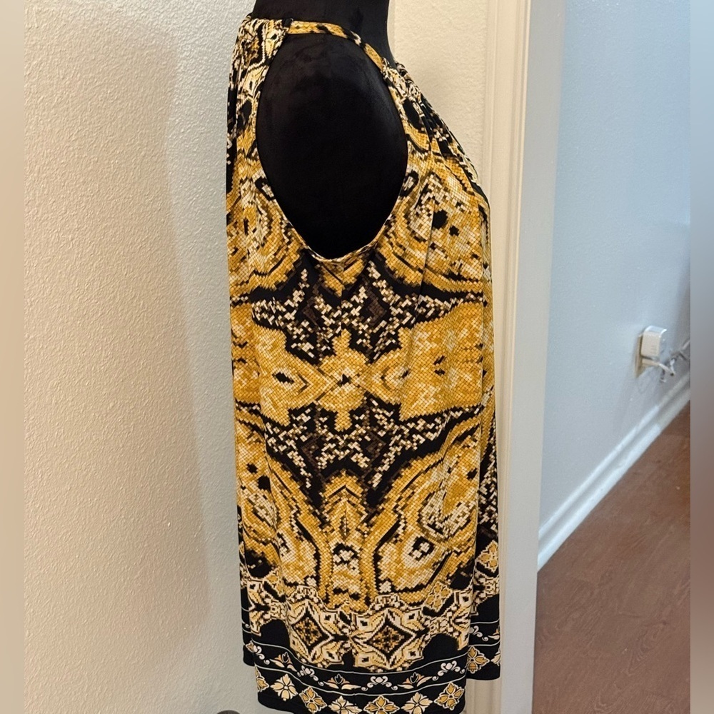 Alfani Petite Black, Gold & White Floral Midi Round Neck Keyhole Dress - Picture 2 of 5